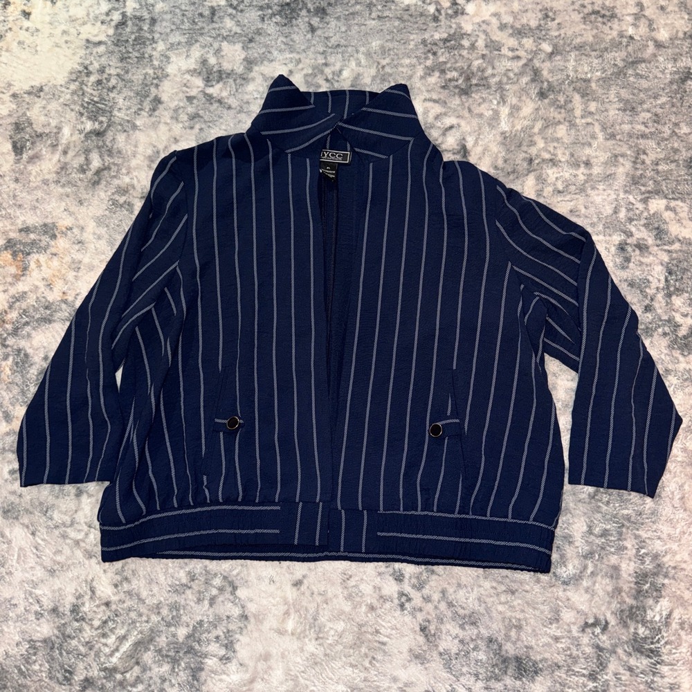 NYCC New York Clothing Co Jacket XL Navy Blue Pinstripe Open Front 3/4 Sleeve